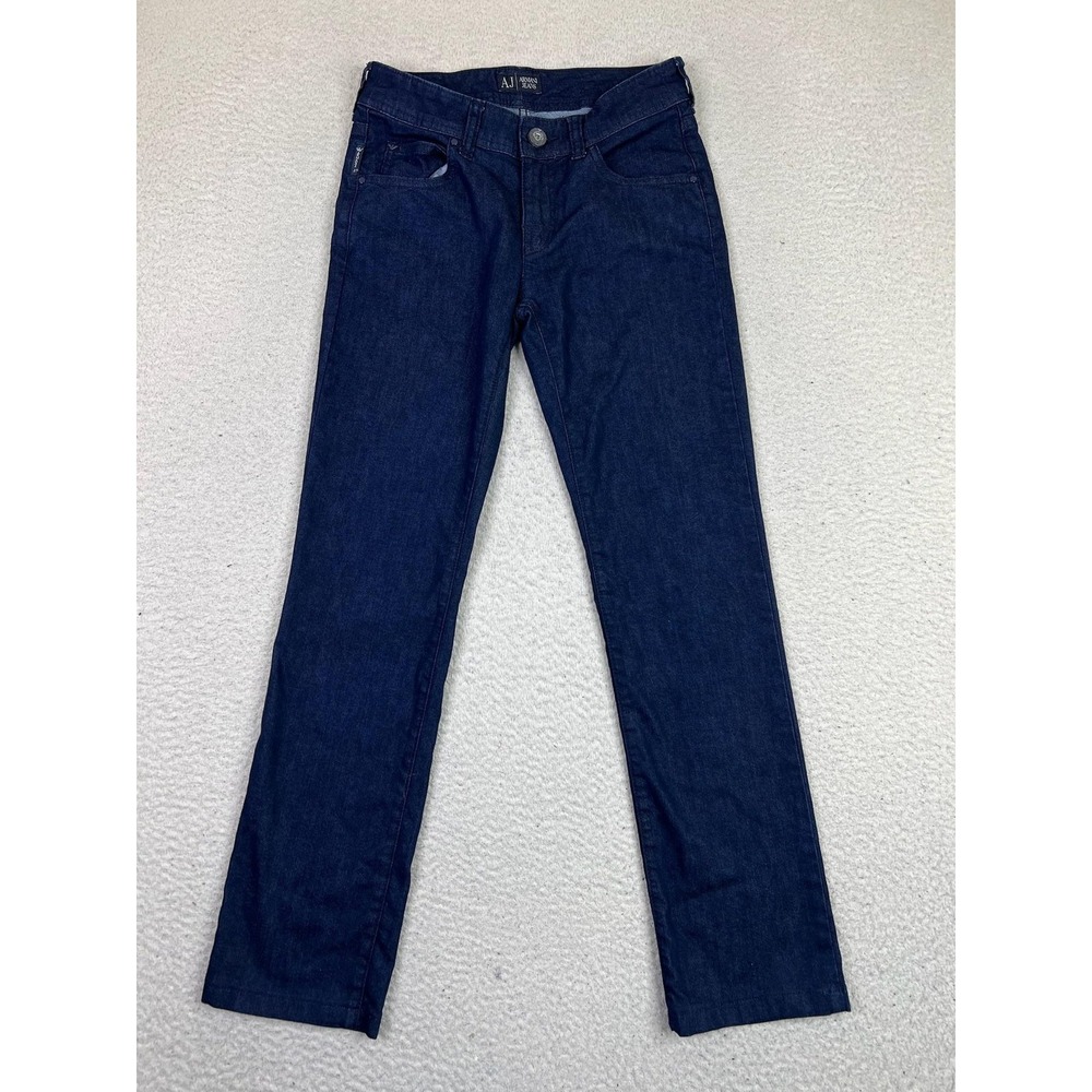 Armani Jeans Straight‎ Leg Jeans Womens 26 Dark Wash Blue Rhinestone Logo Denim